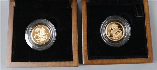 Two UK gold proof half sovereigns 2008 , 2009 cased